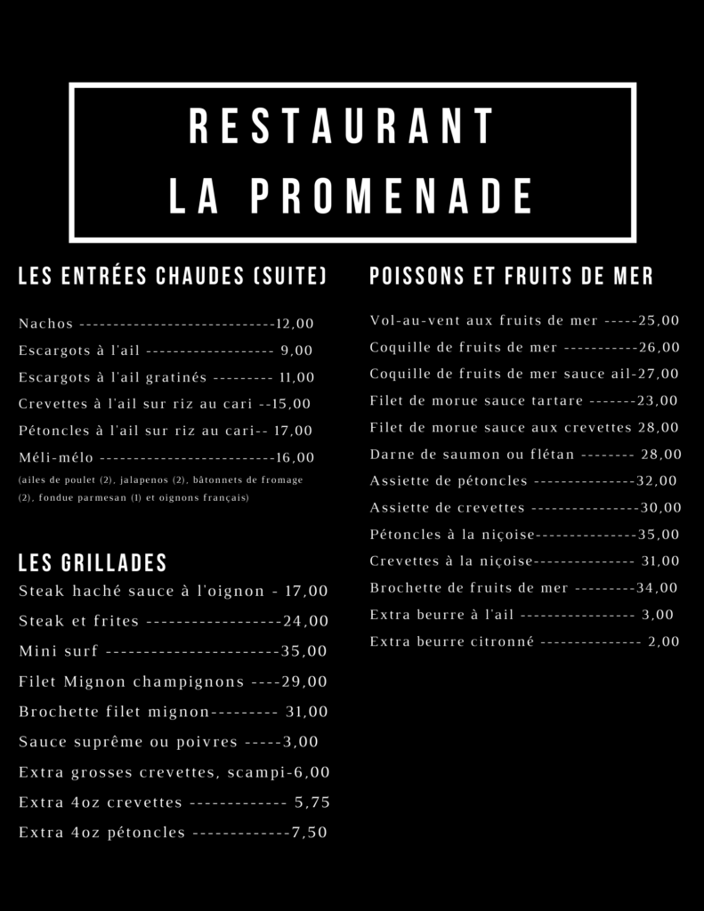 Menu Restaurant La Promenade